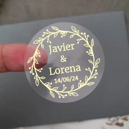50pcs Custom Transparent Wedding Stickers, Square Transparent Stickers, Personalized Wedding Stickers with Gold Foil Labels
