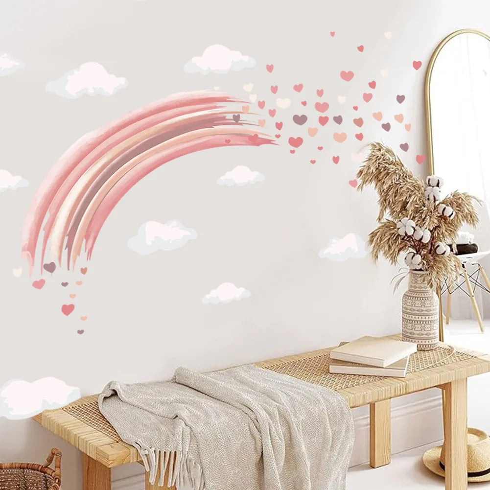 Bohemia style rainbow heart clouds sticker for kids room living room decoration self adhesive pink rainbow wall decal