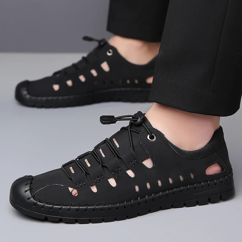 Men's Summer New Hollow out Breathable Leather Sandals Outdoor Anti-Slip Soft Bottom Casual Cover Toe Slip-On Shoes-8025