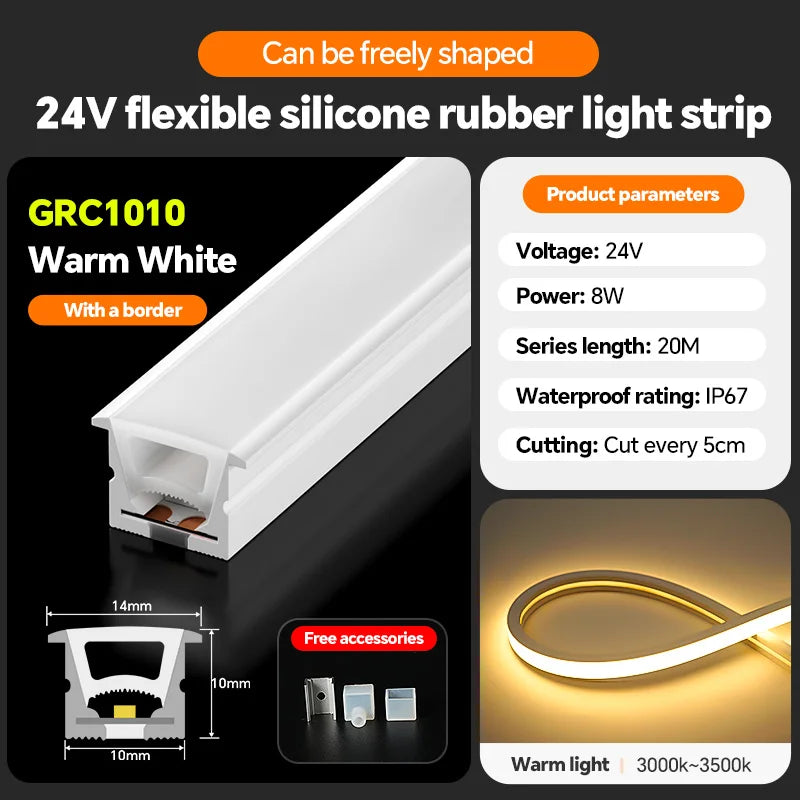 LED flexible silicone light strip embedded 24V waterproof tubing linear lamp concealed installation flexible soft light strip