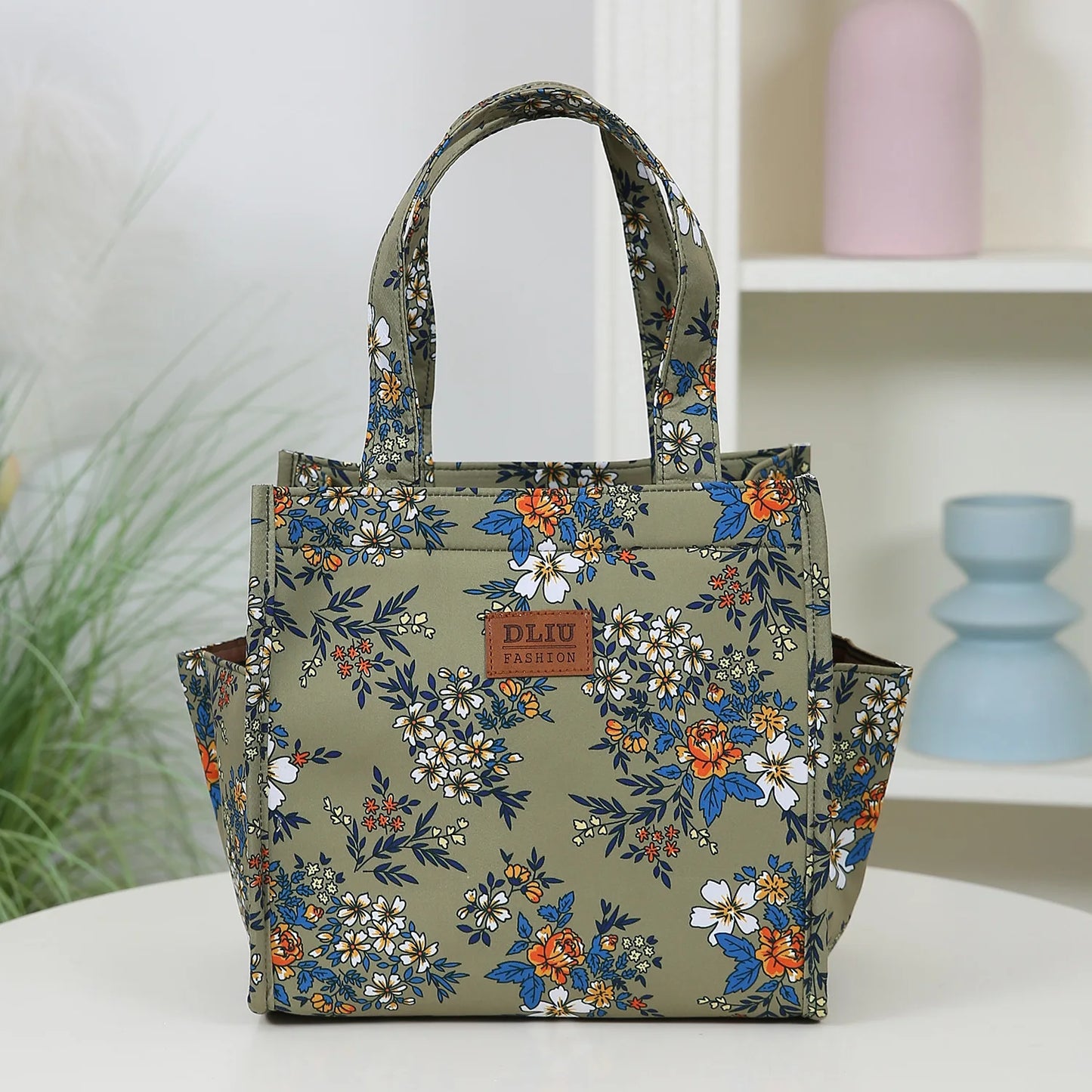 New floral print thickened fabric handbag, lunch bag, portable lunch box storage bag, zipper design, multifunctional tote