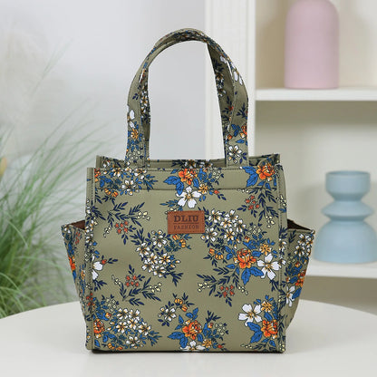 New floral print thickened fabric handbag, lunch bag, portable lunch box storage bag, zipper design, multifunctional tote