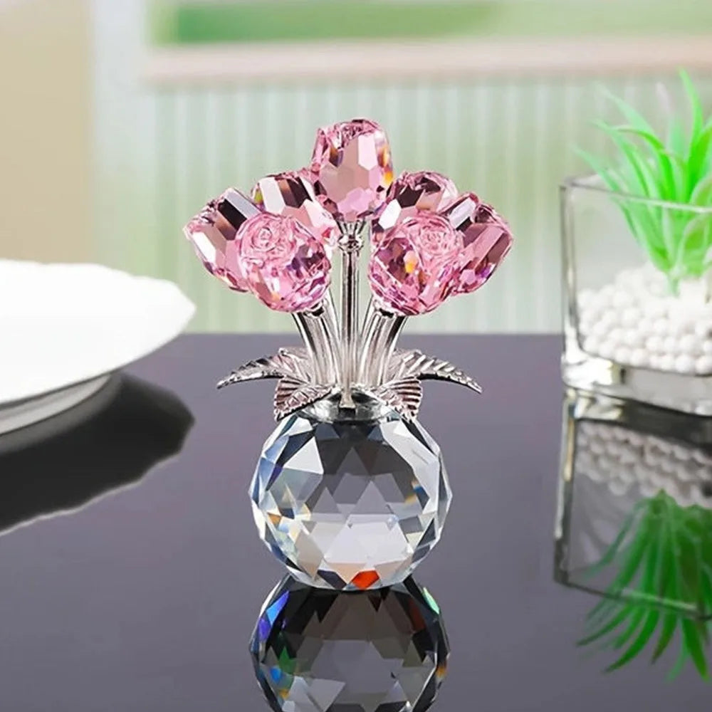 Creative Crystal Rose Sculpture Reflect Colorful Rose Bouquet Ornaments Small Handmade Crystal Rose Bundle Mother's Day