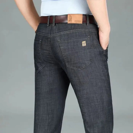2026 New Seasons Lightweight Fit Straight Men's Jeans Classic Business Clothes Thin Cotton Elastic High Waist Casual