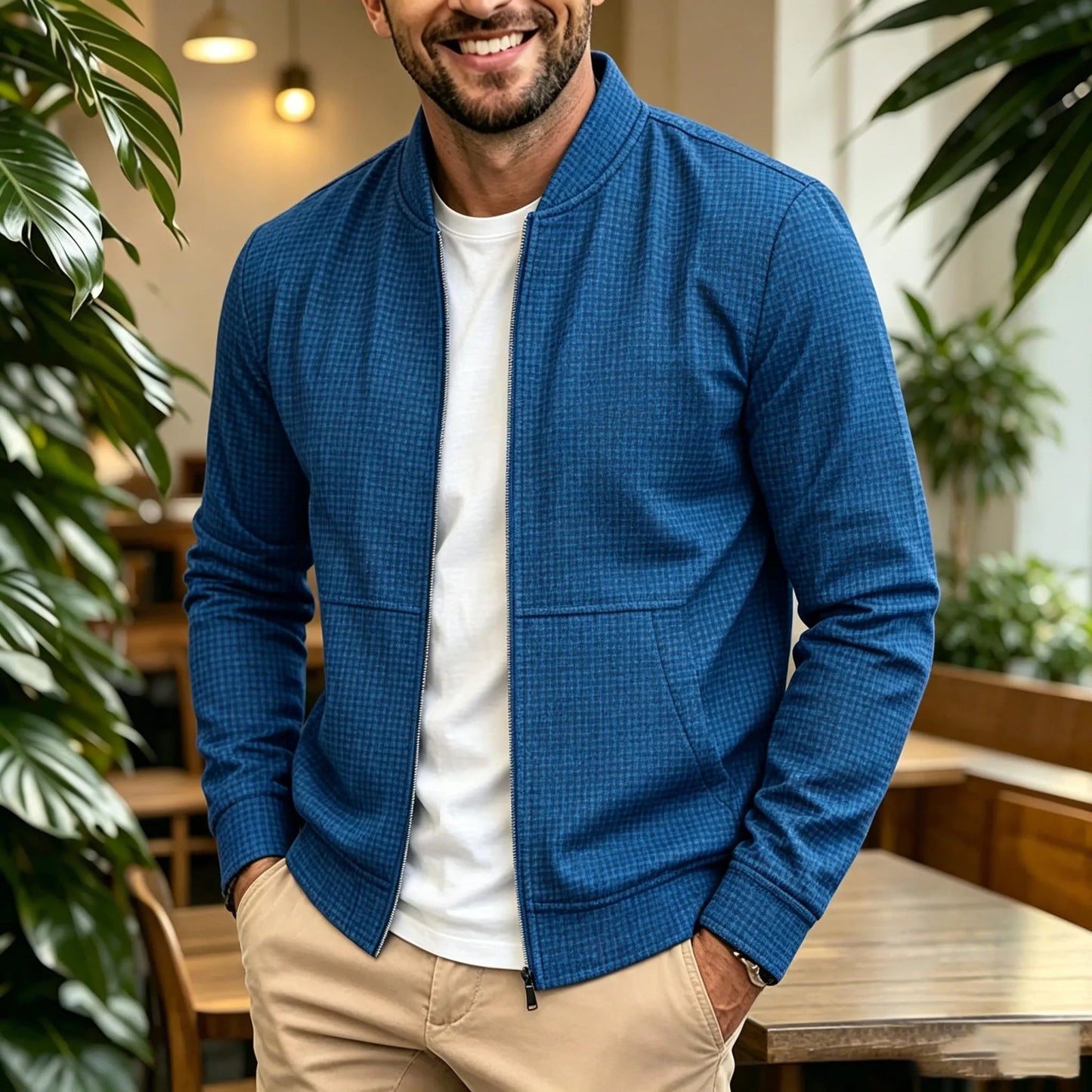 Men's Casual Bomber Jacket, Stand Collar Full Zip Outerwear with Pockets, Everyday Business Casual Wear