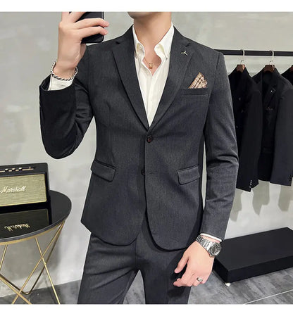 High quality Korean slim fit (suit + trousers) Fashion business handsome casual solid color wedding suit two-piece set