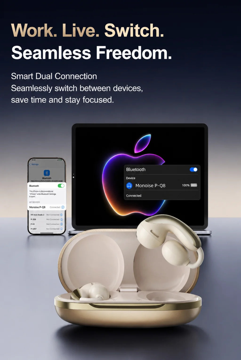 MONOISE Q8 AI Translation Earbuds Wireless Bluetooth 115 Languages Real Time Translator Semi In Ear Headphones with Mic