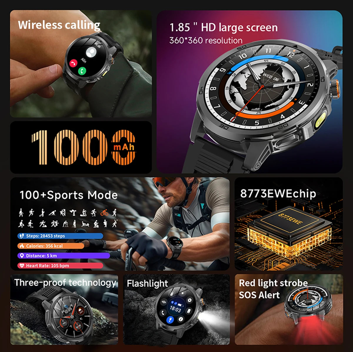 LIGE Nowy Wojskowy Zewnętrzny Inteligentny Zegarek 1,85" AMOLED Bateria 1000mAh 5ATM Wodoodporny Rozmowy Głosowe Sportowa Męska Opaska Fitness