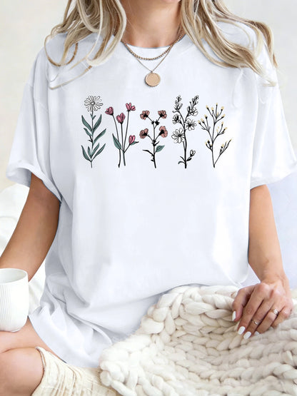 All Kinds Of Beautiful Flowers Printed T-Shirt Women Cotton Loose T Shirts All-Match Summer Clothing Comfortable Y2K Streetwear