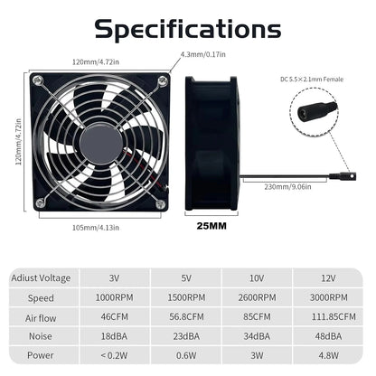 High Speed Axial Muffin Fan 110V 120V AC 120mm x 38mm Dual Ball for DIY Cooling Ventilation Exhaust Projects
