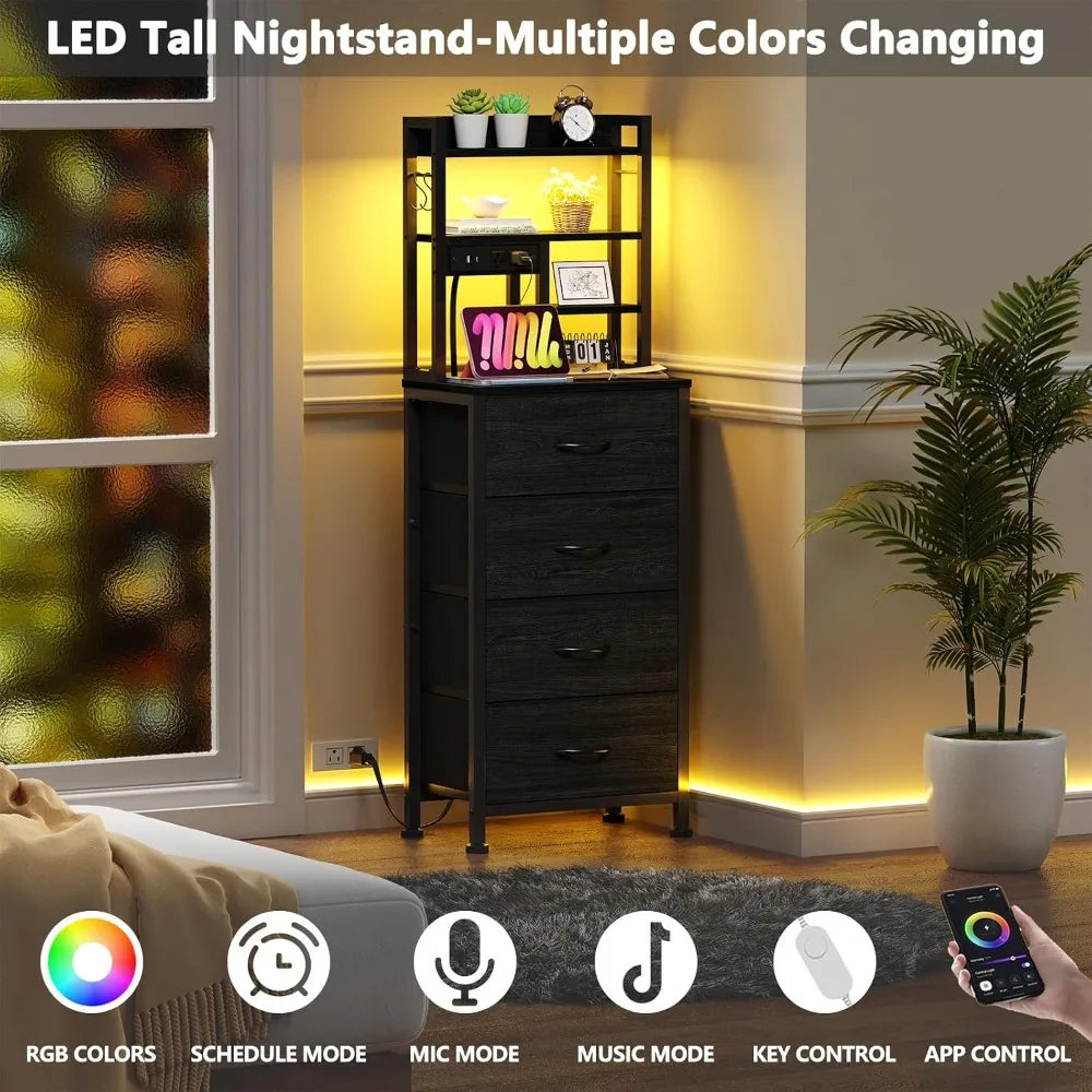 Set of 2 Tall Nightstands With Charging Station & USB Ports, 4 Fabric Drawers & LED Lights, Custom