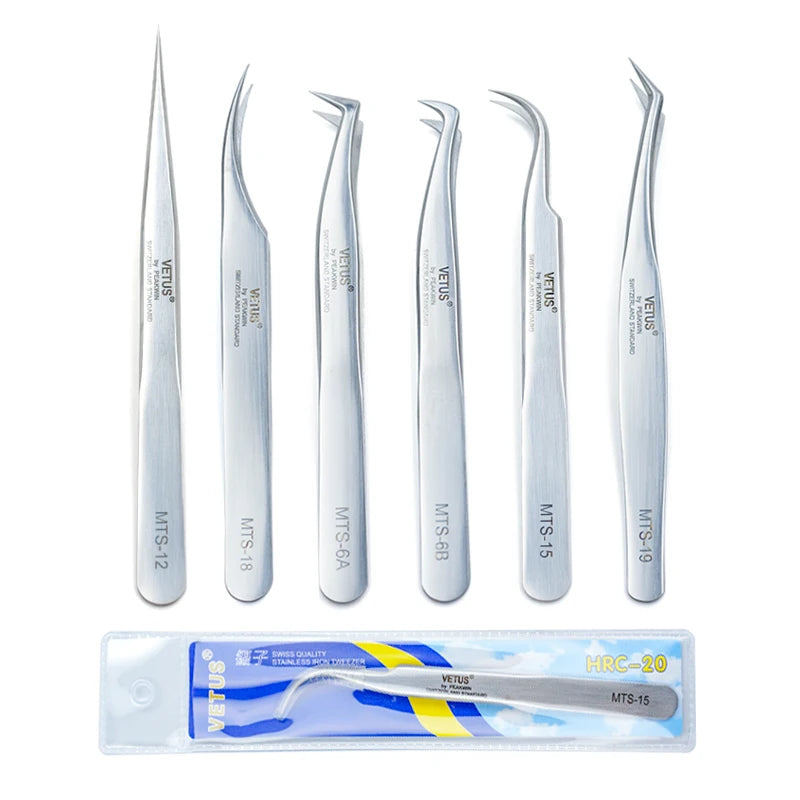 VETUS Original New MTS Series Silver Tweezers for Eyelash Extensions Stainless Steel Hyper Fine Tip Anti Static ESD Tweezers