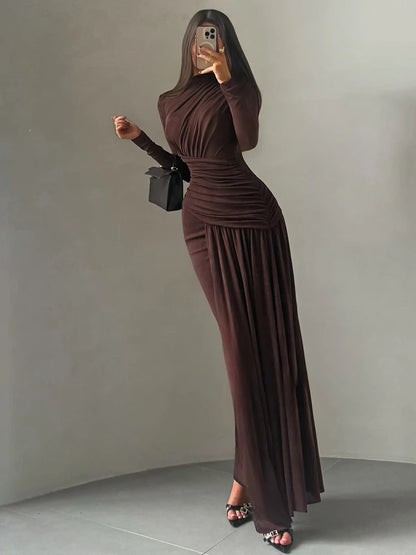 Nibber Folds Maxi Dress Women o-Neck Full Sleeve Solid Banquet Elegant Vacation Fashion Autumn Skinny Casual Simple Vestidos
