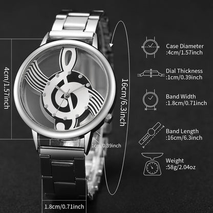 2PCS/Set Fashion Women's Watch Hollow-out Musical Note Dial Steel Band Quartz Watches Heart Bracelet Set（Without Box）