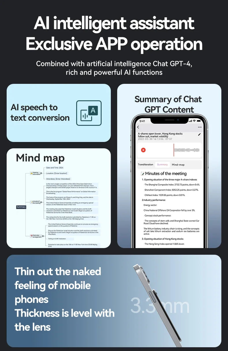 8-128GB AI ChatGPT-4 Intelligent Voice Recorder Audio App Phone Call Record Transcribe Summarize Voice to Text Conversion Device