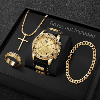 4PCS/Set Fashion Silicone Strap Men Quartz Wristwatch Male Arabic Dial Watch With Jewelry Set Reloj Hombre (Without Box)