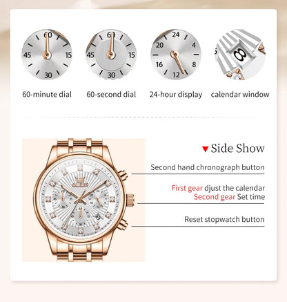 OLEVS 3669 Original Chronograph Quartz Wristwatch for Lady Calendar Waterproof Steel Strap Elegant Dress Women's Watches