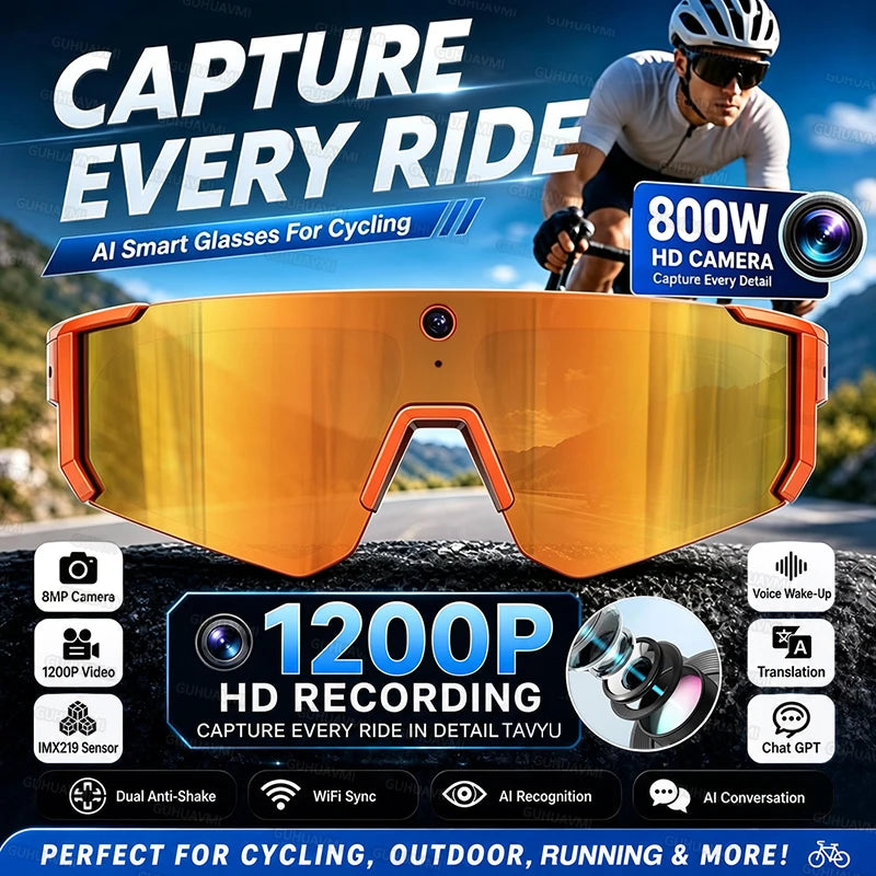 New AI Smart Glasses With Camera 1200P Video Recording Anti-Shake Shooting Sunglasses Bicycle Riding Windproof Goggles Men Women