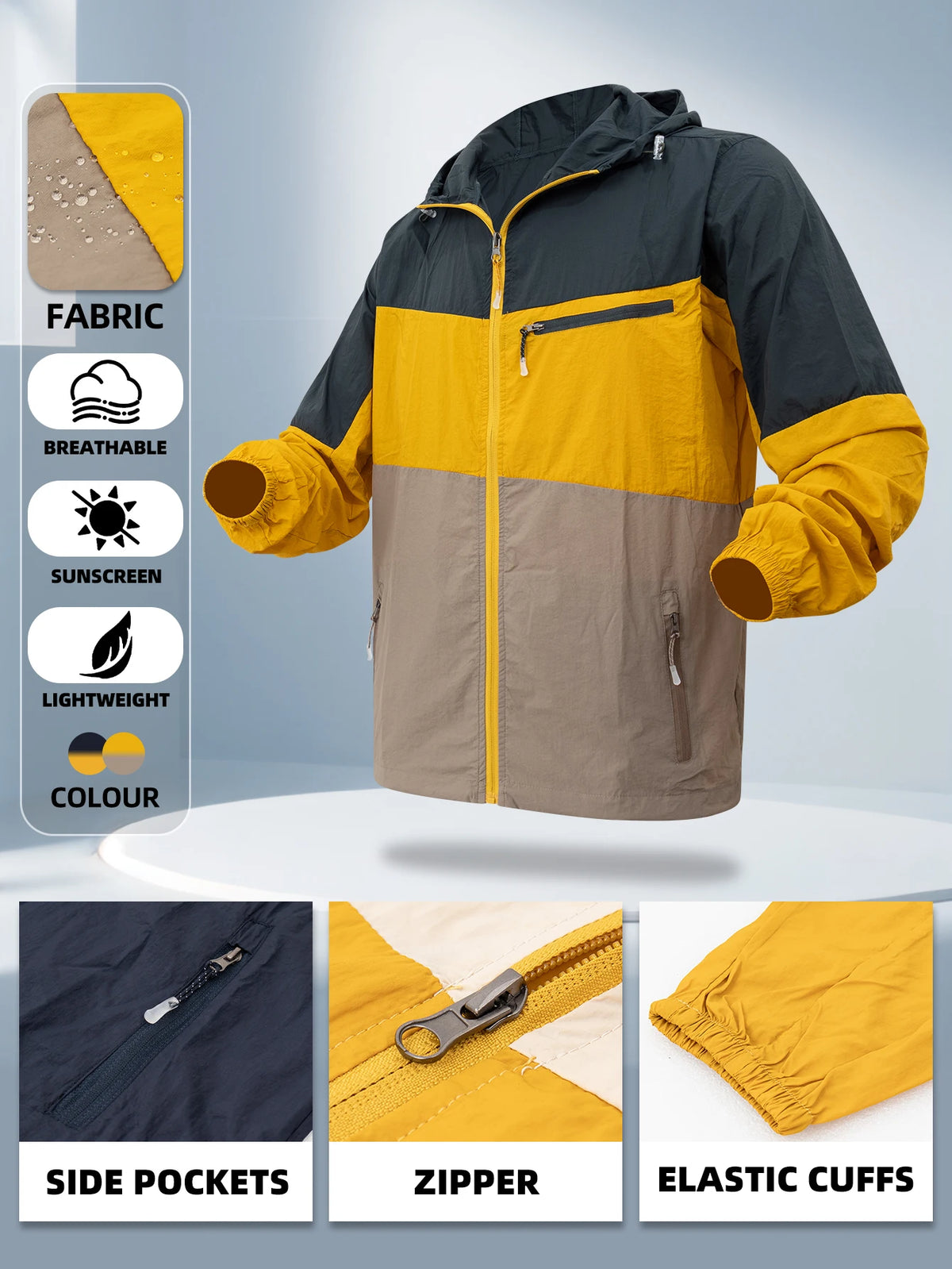 Men's UV-protective Jacket Breathable Thin Lightweight Coat Spring/Summer Hooded Sports Outerwear Waterproof Clothing