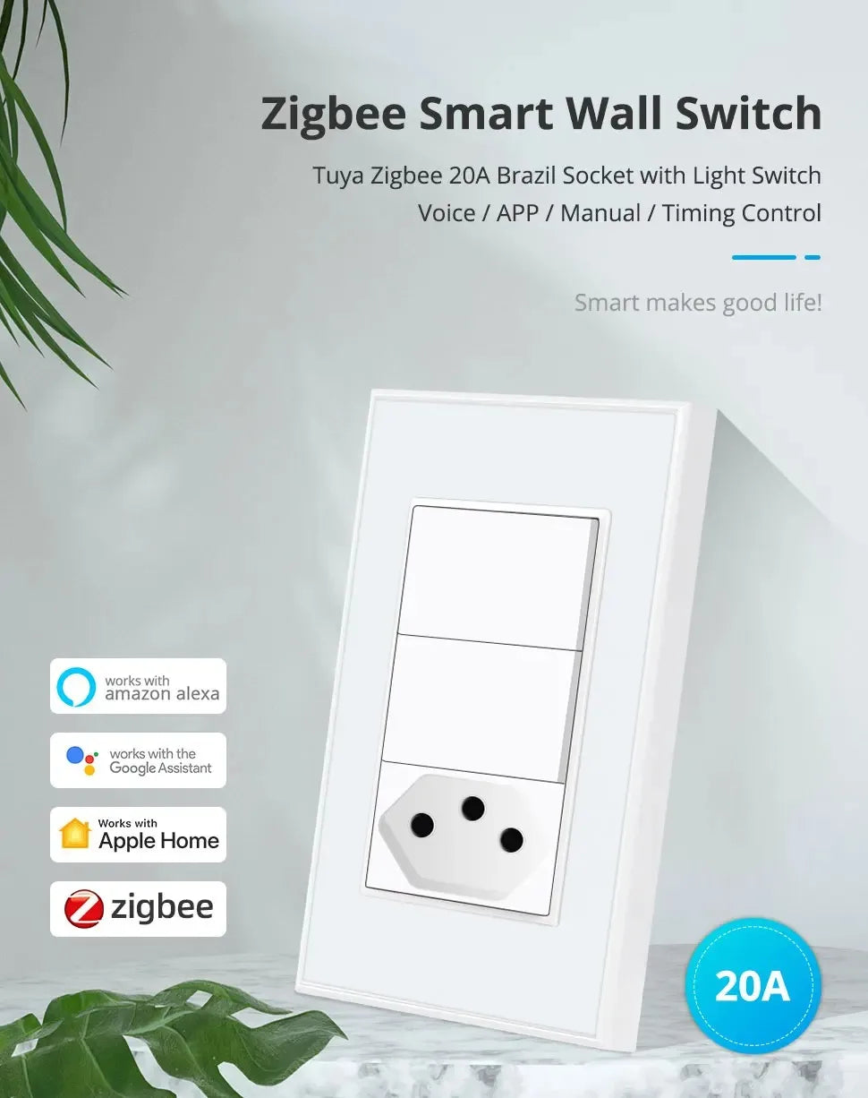Zemismart Zigbee Smart 10A 20A Brazil Socket Light Switch with Outlets Work with Tuya Smart Life App Alexa Google Home Control