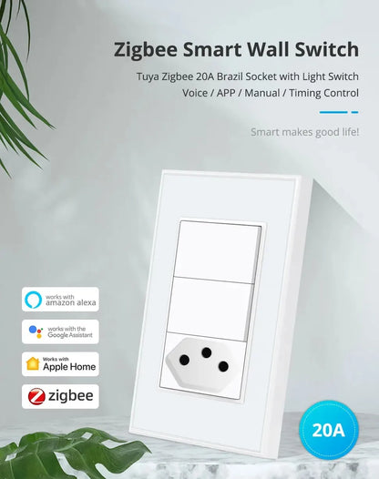 Zemismart Zigbee Smart 10A 20A Brazil Socket Light Switch with Outlets Work with Tuya Smart Life App Alexa Google Home Control