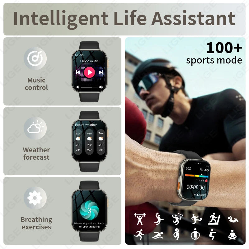 LIGE AMOLED Smart Watch Men 2.04 Screen Bluetooth Call Health Monitor IP68 Waterproof Sport Women Smartwatch New For Android IOS