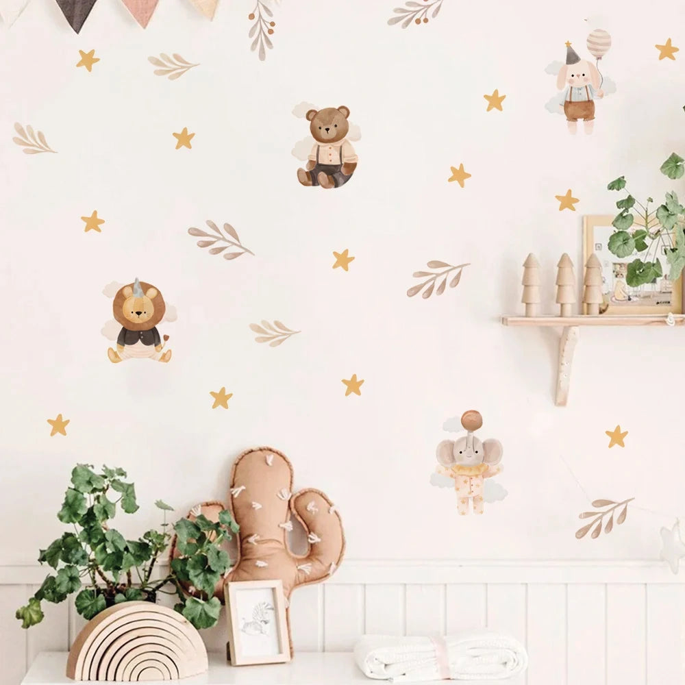Boho Cute Cartoon Animal Elephant Lion Star Dreamy Wallpaper Stickers For Baby Girl Room Wall Decals Interior Playful Room Decor