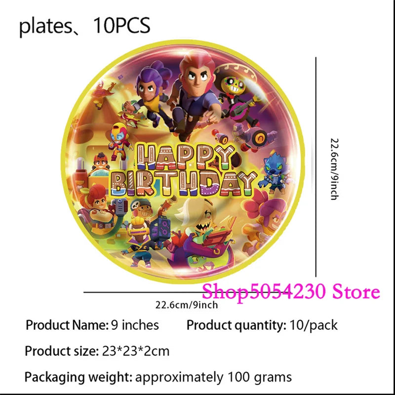 Brawl Stars Happy Birthday Party Supplies Set Cartoon Game Theme Tableware, Paper Plates & Backdrop Decorations for Celebrations