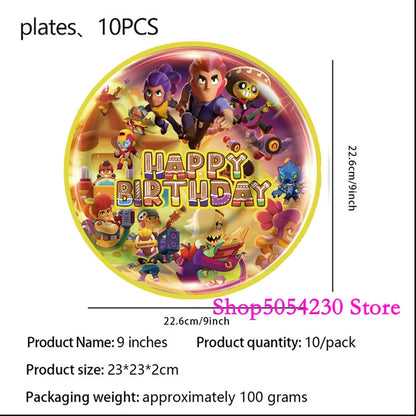 Brawl Stars Happy Birthday Party Supplies Set Cartoon Game Theme Tableware, Paper Plates & Backdrop Decorations for Celebrations