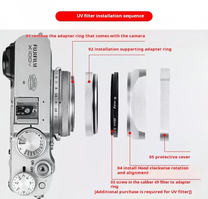 Square X100VI Shading Hood Compatible With Fujifilm X70 X100S X100T X100 X100F X100V Lens Filter Adapter Ring Metal Mount