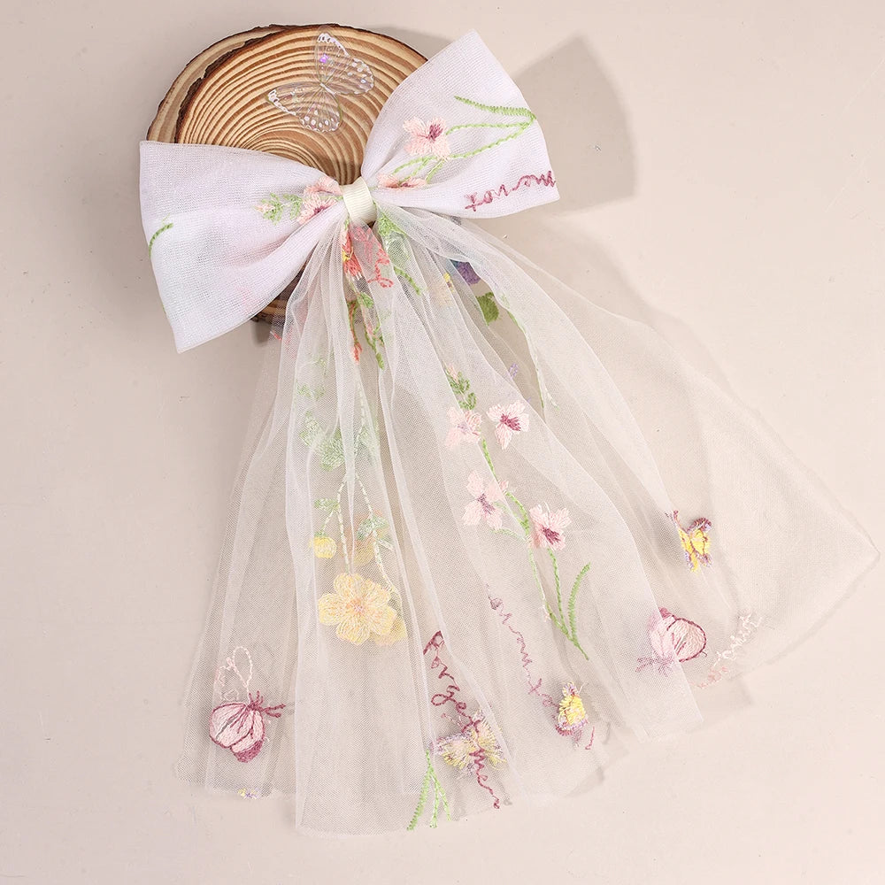 White Tulle Hair Clips For Girls Fairy Mesh Bow Large Hairpin Flower Barrette Summer Party Wedding Women Headdress Accessories
