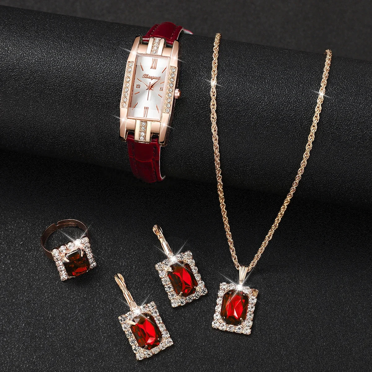 Synthetic Diamond Jewelry Set White Woman, Watch, Trendy Style, Gift for Girlfriend, Spine, Woman, 5 Pieces Per Set