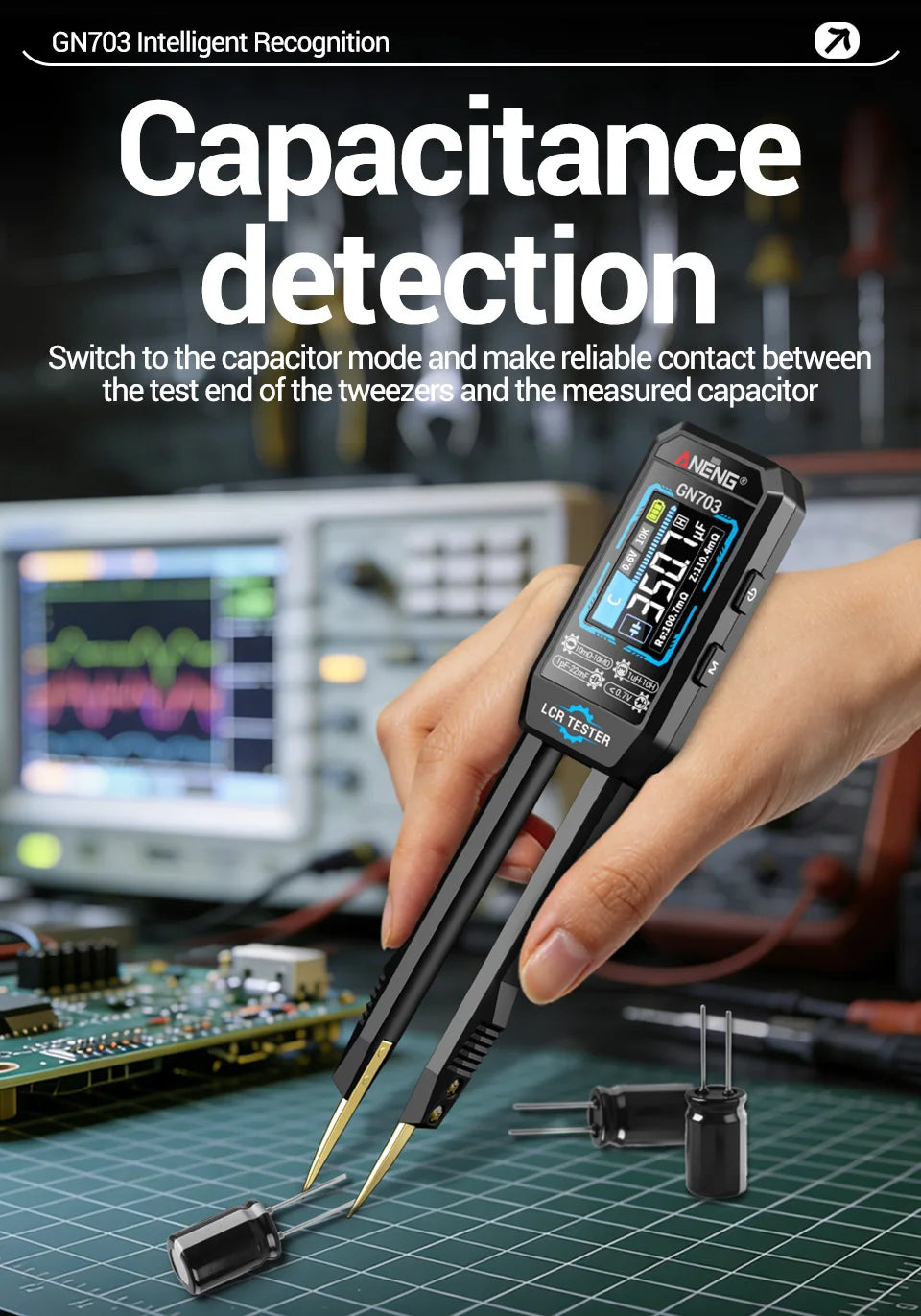 ANENG GN703 Smart Tweezers LCR Meter Professional SMD ESR Test Capacitance Resistance Inductance Digital LCR Bridge Calibration