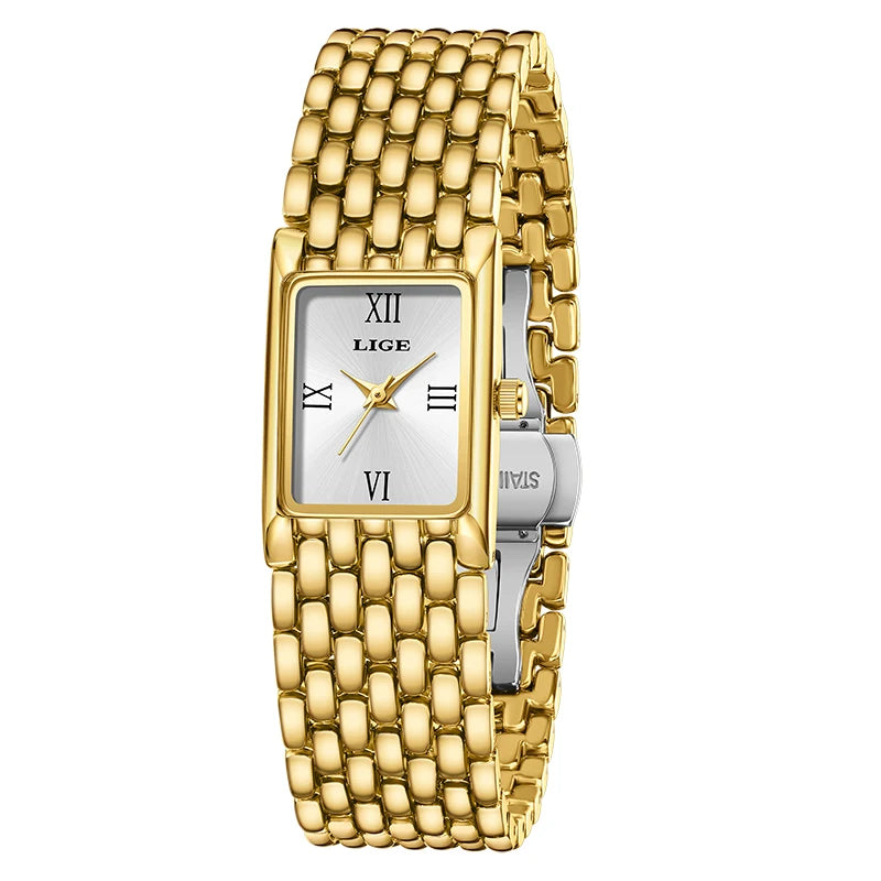 LIGE New Design Ladies Watch Fashion Quartz Wristwatch Silver Simple Square Women Watches Luxury Stainless Steel Folding Clock