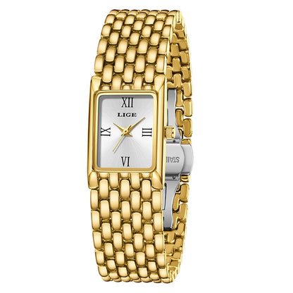 LIGE New Design Ladies Watch Fashion Quartz Wristwatch Silver Simple Square Women Watches Luxury Stainless Steel Folding Clock