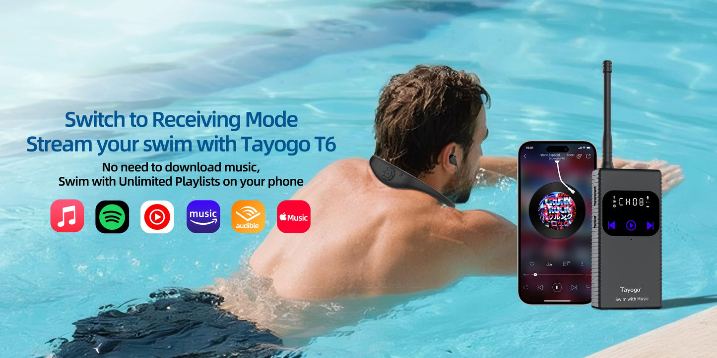 Tayogo Waterproof MP3 Player for Swimming,4-in-1 MP3 Player 32GB, Bluetooth 5.4, FM Radio, Compatible with T6 Transmitter