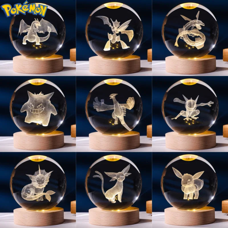 6CM Pokemon 3D Crystal Ball Figure Toy Anime Gengar Rayquaza Pikachu Lugia Vaporeon Glass Ball Model Night Light Room Decoration