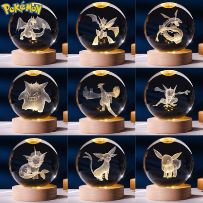 6CM Pokemon 3D Crystal Ball Figure Toy Anime Gengar Rayquaza Pikachu Lugia Vaporeon Glass Ball Model Night Light Room Decoration