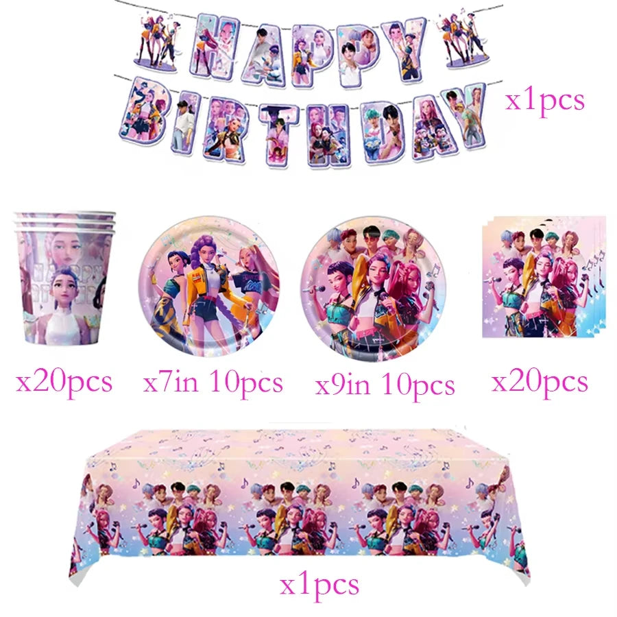 K-pop Kids Birthday Party Supplies All-in-One Decor Set-Paper Tableware Cups Candy Box Gift Bags Banner for Festive Celebrations