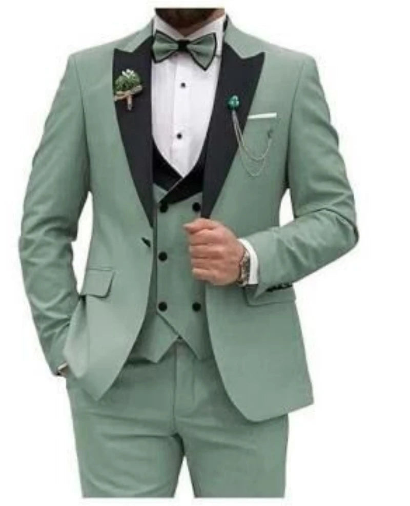 3 Piece Sage Green Men's Slim Fit Suits (Jacket+Vest+Pant) Wedding Groom Tuxedos Prom Formal Male Party Blazers Traje Hombre