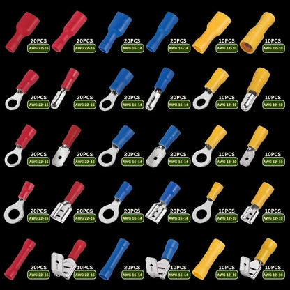 Vehicle Electrical Wire Connectors Kit Assorted Male Female Spade Ring Fork Butt Quick Splice Insulated Terminals For Automotive
