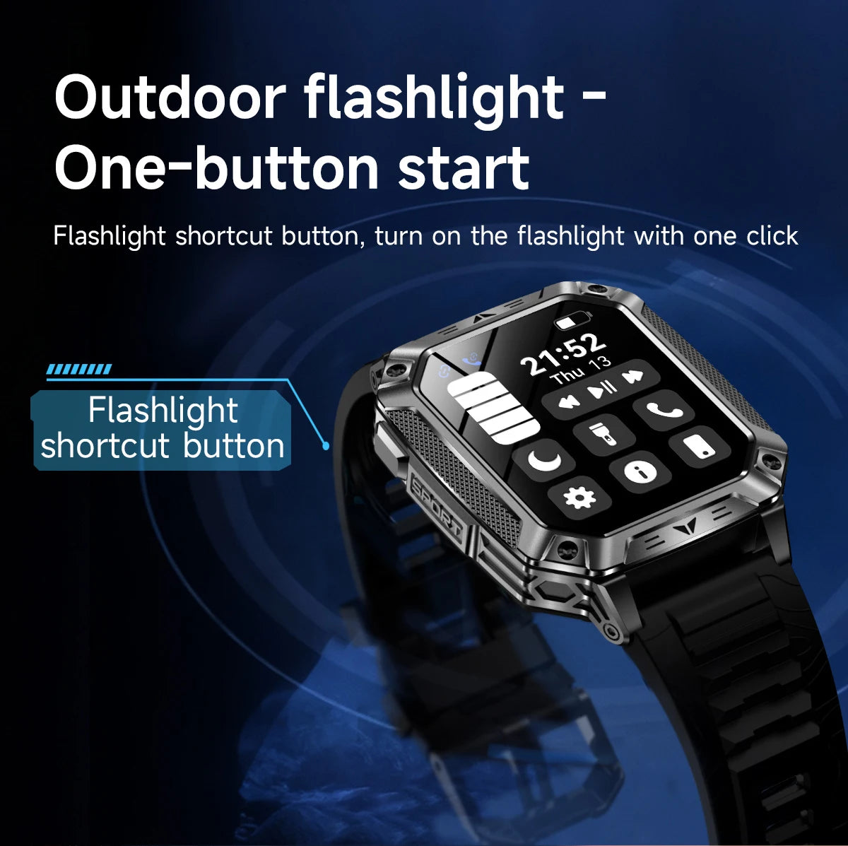 LIGE Wojskowy Inteligentny Zegarek 2.01'' Ekran HD Outdoor Sportowy Męski Zegarek SOS Czerwony Alarm Migająca Latarka Monitor Zdrowia Smartwatch
