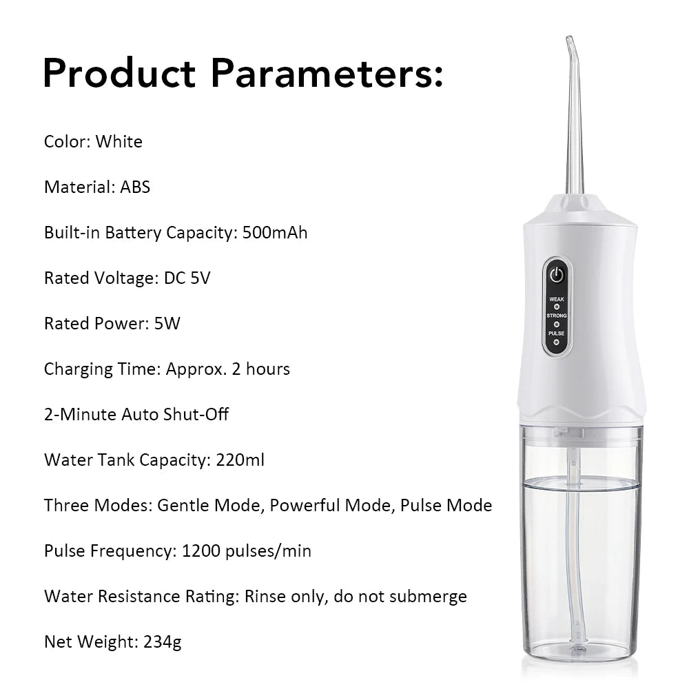 Inteligentny irygator doustny elektryczny 220 ml, nić wodna, 3 tryby, ładowalny, przenośny, irygator do zębów, do czyszczenia zębów