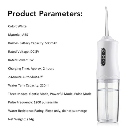 Inteligentny irygator doustny elektryczny 220 ml, nić wodna, 3 tryby, ładowalny, przenośny, irygator do zębów, do czyszczenia zębów