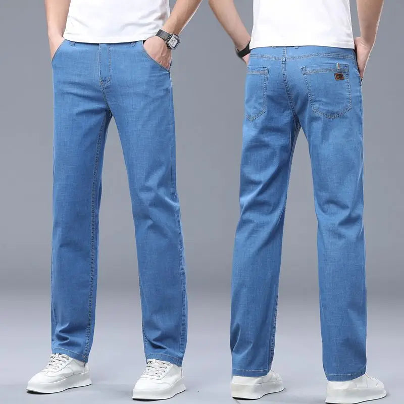 Summer Thin Men's Elastic Cotton Jeans Fashion Business Straight Casual Denim Pants Male Work Clothes Slim Trousers Plus Size 40