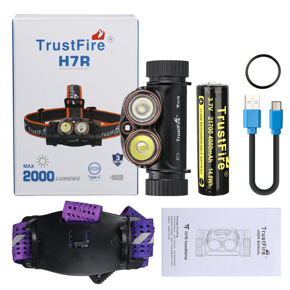 Trustfire H7R USB Rechargeable Headlamp 2000 Lumen Red White LED Work Light 4000K CRI95 Head with Spotlight Floodlight Red light