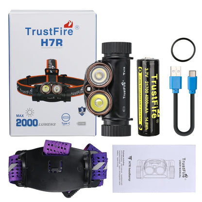 Trustfire H7R USB Rechargeable Headlamp 2000 Lumen Red White LED Work Light 4000K CRI95 Head with Spotlight Floodlight Red light