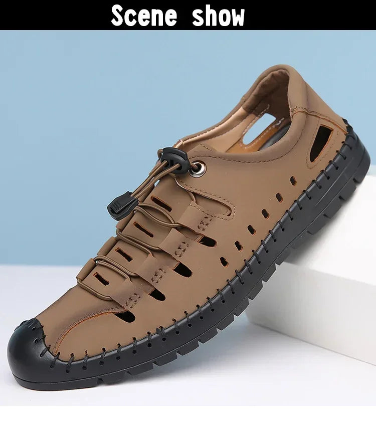 Men's Summer New Hollow out Breathable Leather Sandals Outdoor Anti-Slip Soft Bottom Casual Cover Toe Slip-On Shoes-8025