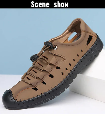 Men's Summer New Hollow out Breathable Leather Sandals Outdoor Anti-Slip Soft Bottom Casual Cover Toe Slip-On Shoes-8025