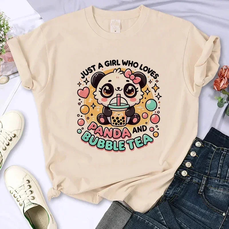 Cartoon Casual Creative T-shirt Vintage Round Neck Clothes Funny Cute Panda Printed T Shirt for Women Summer Sleeve